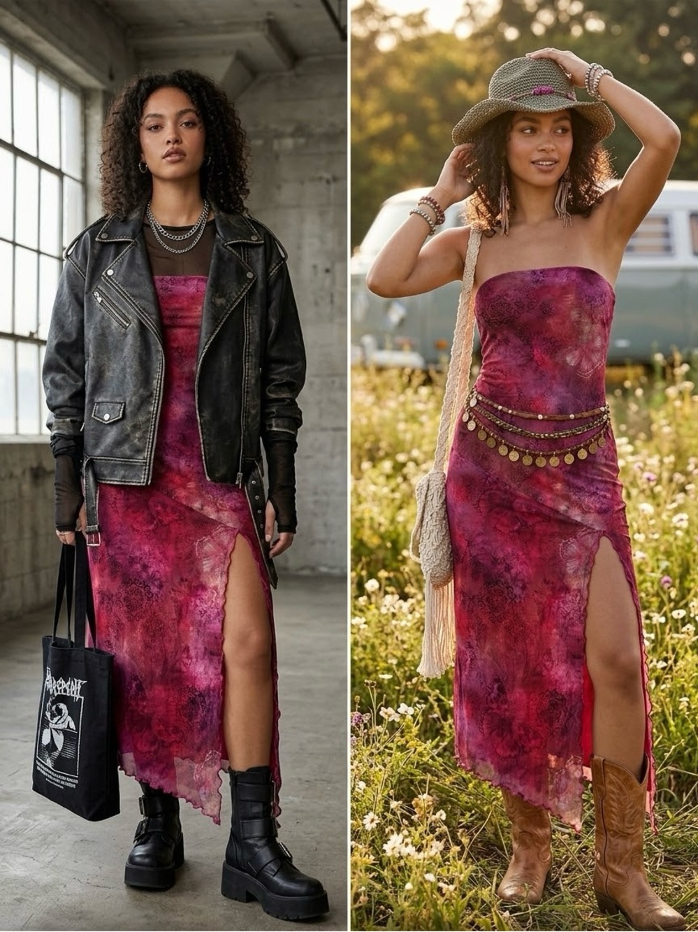 Urban Outfitters Pink Berry Tie-Dye Strapless Midi Dress